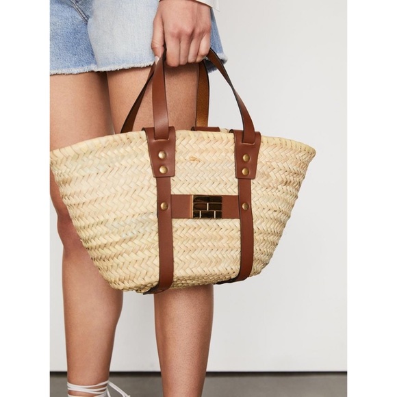 Frame Straw Tote Natural NWT Mini Tote Brown Leather Gold Hardware - Picture 3 of 10